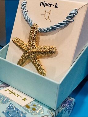 NWT Piper•K Gold Glitter Starfish Necklace with Light Blue Cord